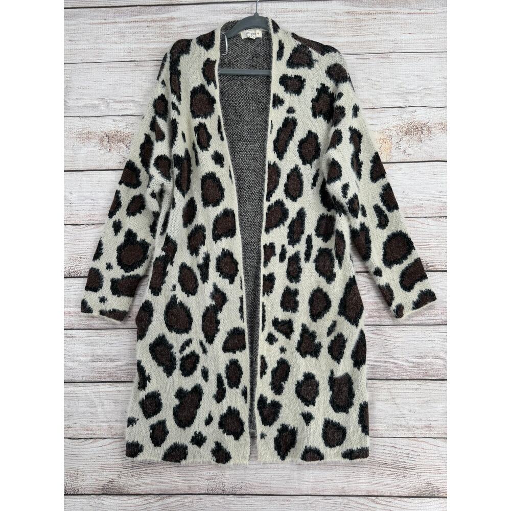 Umgee USA Animal Print Open Front Duster Cardigan Sweater Womens XL Cream Brown